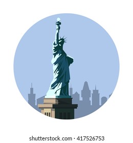 Statue of Liberty icon isolated on white background. Vector illustration for american building design. Travel New York postcard. With blue sky and landscape. USA landmark symbol Touristic america sign