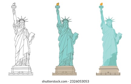 Statue of Liberty illustration, isolated on white background, famous world landmark. The symbol of New York and United States of America. Travel vector illustration, line and flat style.