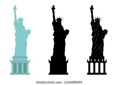 Estatua de la libertad. Día de la Independencia en Estados Unidos. Símbolo de Nueva York. Estatua de la libertad en negro. Estatua de la libertad puesta. Ilustración vectorial de acciones