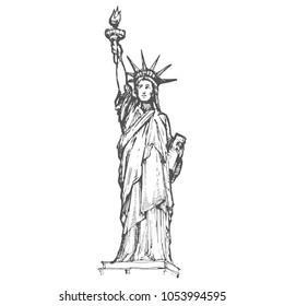 The Statue of Liberty isolated on white background ink hand drawn line art stock vector illustration outline for coloring book page