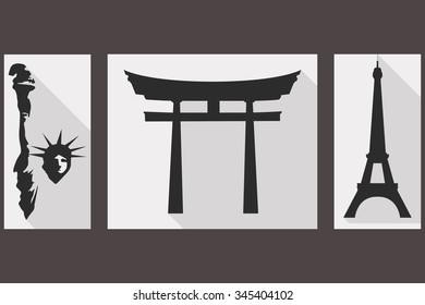 The Statue of Liberty. Japan Gate. Eiffel Tower. Sights of different countries. 
