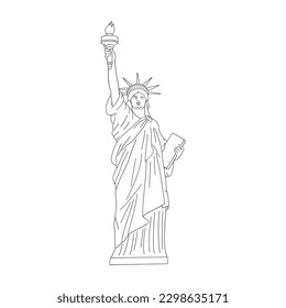 The Statue of Liberty linear vector clip-art isolated on white. Patriotic USA illustration. Symbol of liberty design element