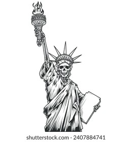 Statue of liberty logotype monochrome skeleton in form symbol city New York with torch and constitution in hand vector illustration