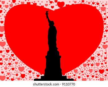 Statue of Liberty with love hearts background