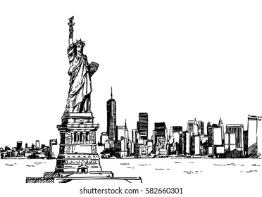 Statue of Liberty and Manhattan. Hand drawn sketch