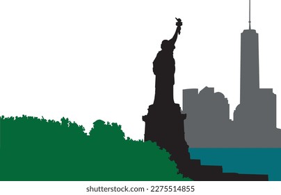 Statue of Liberty and Manhattan - New York City - Vector Illustration