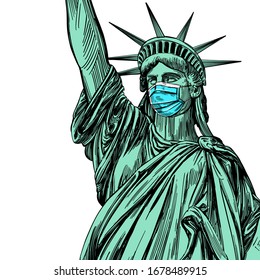 statue of liberty in a mask, coronavirus is a dangerous disease in the United States of America, a respirator, protection from the virus. hand drawn vector illustration sketch