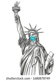 statue of liberty in a mask, coronavirus is a dangerous disease in the United States of America, a respirator, protection from the virus. hand drawn vector illustration sketch