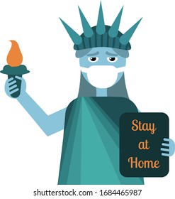 A statue of liberty in a medecin mask, against coronavirus. N-covid 2019 in America, virus epidemic in united states, quarantine. Stay at home.