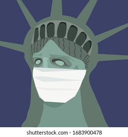 Statue of Liberty in a medical mask. Coronavirus covid 19 epidemic concept. Quarantine in New York. Vector illustration.