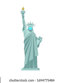 Statue of Liberty in medical mask. Coronavirus in USA. Coronavirus isolation mode. Quarantine from the virus. Pandemic

