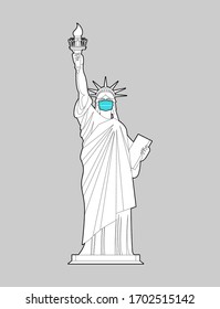 Statue of Liberty in medical mask. Coronavirus in USA. Coronavirus isolation mode. Quarantine from the virus. Pandemic

