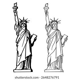 Statue of Liberty Minimal black and white line art. Most popular American attraction for travel blogs, educational content; evokes freedom and patriotic spirit.  