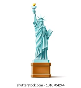 Statue of Liberty monument in America. Famous landmark, United states independence symbol. Realistic Woman with torch. Tourism and traveling design object Historical USA sculpture. Vector illustration