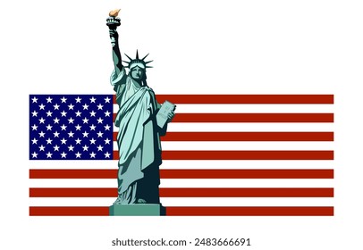 Statue of Liberty monument, background of the USA flag, poster. 150 years. July 4 is the Independence Day of the USA. Green design. Holiday, welcome to America. New York symbol. Vector illustration 