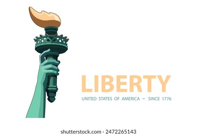 Statue of Liberty monument. Hand with torch of Statue of Liberty, national symbol of America New York, banner, advertising. Green flat design template, presentation. USA holiday. Vector illustration