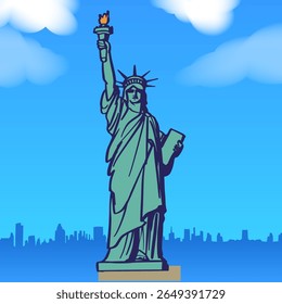 Estátua da Liberdade monumento no horizonte azul. Ilustração vetorial plana de símbolo americano para blogues de viagem, educação, cartazes; evoca liberdade e inspiração patriótica.