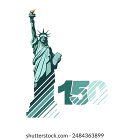 Statue of Liberty monument, poster, 150 years. July 4, USA Independence Day. Green flat design, stripes, background. Holiday, welcome to America, USA. New York symbol, liberty. Vector illustration