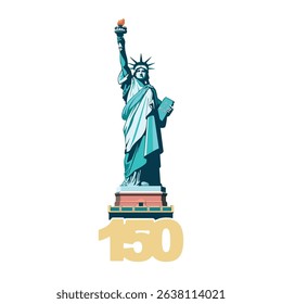Statue of Liberty monument, poster. 150 years. July 4, USA Independence Day. Green flat design template. Holiday, welcome to America USA. New York symbol, banner, advertisement. Vector illustration 