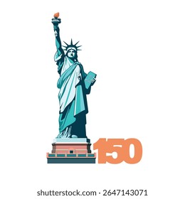 Statue of Liberty monument, poster. 150 years. July 4, USA Independence Day. Green flat design template. Holiday, welcome to America USA. New York symbol, banner, advertisement. Vector illustration