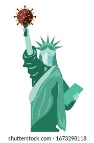 Statue of Liberty National Monument in a protective mask. Pandemic. Corona virus.