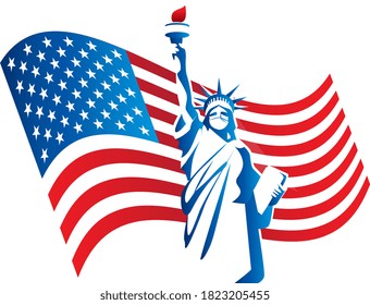 Statue of Liberty National Monument in a protective mask with usa flag. Pandemic. Corona virus. Vector illustration