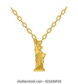 Statue of Liberty necklace gold Decoration on jewelry. Expensive jewels for American people. Accessory precious yellow metal for Patriots. Fashionable Luxury treasure
