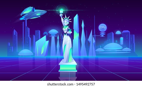 Statue of Liberty neon city futuristiс sci-fy background, New York monument in synth retro wave style. Culture landmark, fantastic buildings and space ship, virtual reality Cartoon vector illustration