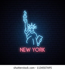 Statue of liberty neon icon. Neon emblem of New York, bright banner. US Landmark. Night light signboard. Vector illustration.