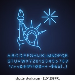 The Statue of Liberty neon light icon. Independence Day. July 4th. Glowing sign with alphabet, numbers and symbols. Vector isolated illustration