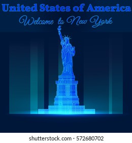 The Statue of Liberty in the neon light. Vector illustration with the inscription "Welcome to New York"