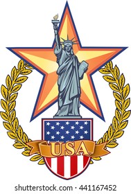 Statue of Liberty. New York and American symbol and USA flag