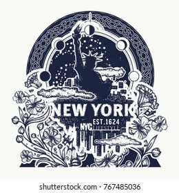 Statue of Liberty, New York and art nouveau flower tattoo and t-shirt design 