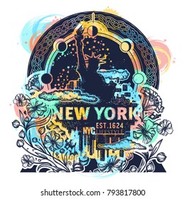 Statue of Liberty, New York and art nouveau flower color tattoo and t-shirt design. Big city skyline concept poster 