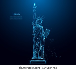 Statue of Liberty in New York City from particles, lines and triangles on blue background. Polygonal wireframe silhouette. Mesh art, poly low. Poly art. Intelligent Space
