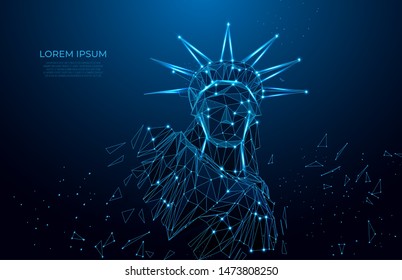 Statue of Liberty in New York City from particles, lines and triangles on blue background. Polygonal wireframe silhouette. Mesh art, poly low. 
