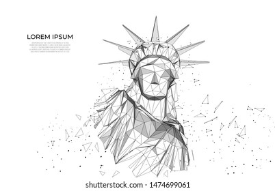 Statue of Liberty in New York City from particles, lines and triangles on blue background. Polygonal wireframe silhouette. Mesh art, poly low. Poly art. Intelligent Space

