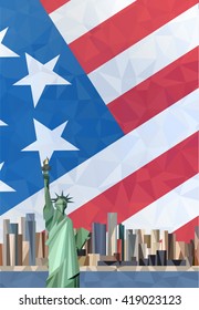 Statue of Liberty in New York City. American flag.