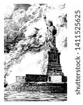 statue of Liberty, New York is  a enlightening the world, was dedicated in 1886 and in 1924 it was designated as national monument vintage line drawing.