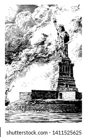 statue of Liberty, New York is  a enlightening the world, was dedicated in 1886 and in 1924 it was designated as national monument vintage line drawing.