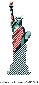 
Statue of Liberty. New York, Hand torch. USA. July 4, Business, street layout. Flat banner, vertical. Dark green, red stripes. Green illustration on a white background. vector