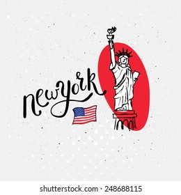 Statue of Liberty, New York hand-drawn vector design for a card, souvenir or template for travel publicity, on a textured white background