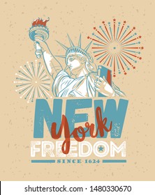 Statue of Liberty. New York landmark and symbol of Freedom and Democracy. typography t-shirt printing design.