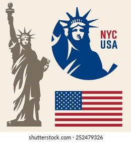 Statue of Liberty. New York landmark. American symbol. American flag