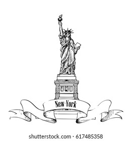Statue of Liberty. New York landmark. American symbol. Hand drawn vector illustration silhouette