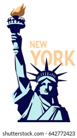 Statue of Liberty. New York landmark. US copper sculpture. Geometric image with text. The national symbol of America, a bronze color.Turquoise illustration on a white background.Vector logo EPS10 