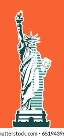 
Statue of Liberty. New York landmark. USA. marketing, advertising. Dark green illustration on an orange background. Patterns presentations. national symbol America.3D font letters. Poster Logo
