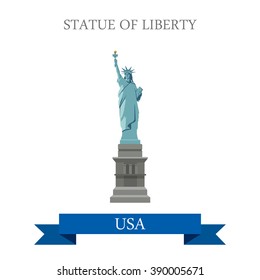 Statue of Liberty in New York NY, United States USA. Flat cartoon style historic sight showplace attraction web vector. World countries cities vacation travel sightseeing North America collection.