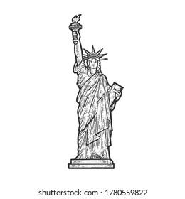 Statue of Liberty in New York sketch engraving vector illustration. T-shirt apparel print design. Scratch board imitation. Black and white hand drawn image.