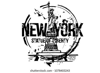 Statue of Liberty, New York. USA. City design. Hand drawn illustration.